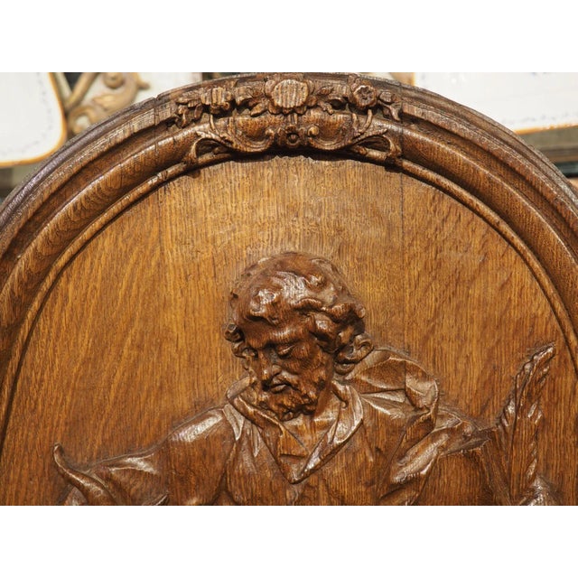 Antique French Carved and Incurved Oak Bas Relief Plaque of St Luke, C. 1720 For Sale - Image 10 of 13