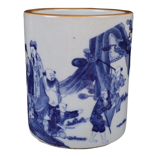 Vintage Blue & White Porcelain Brush Pot With Eight Immortals For Sale