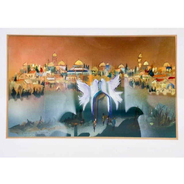1980s Ben Avraham Nhamani, Ben Avraham Nahmani Israeli School Jerusalem Landscape Painting Doves of Peace, c.1980s For Sale - Image 5 of 8