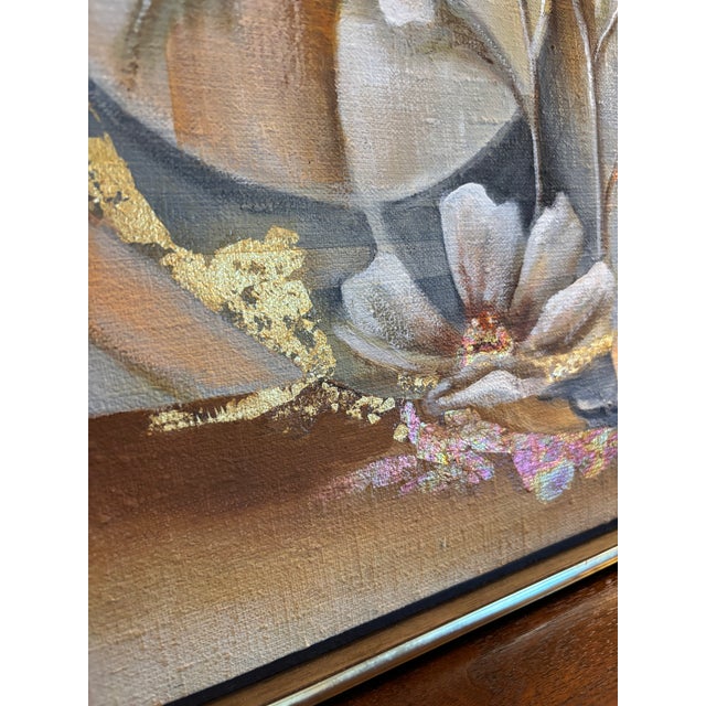 Original Oriental Style Floral Painting With Gold Leaf, Dated 1981 Signed For Sale - Image 12 of 15
