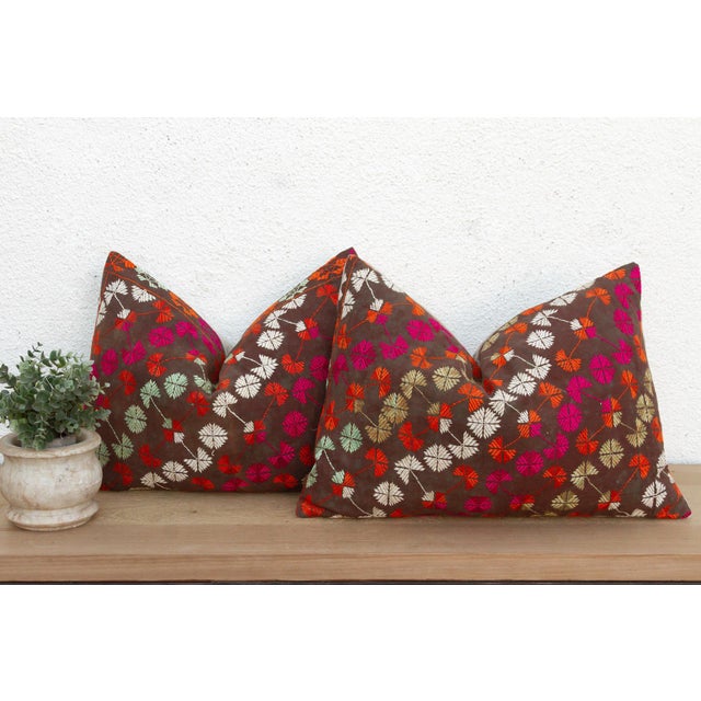 Textile Patiala Heritage, Antique Phulkari Lumbar Pillow Covers, Pair For Sale - Image 7 of 7
