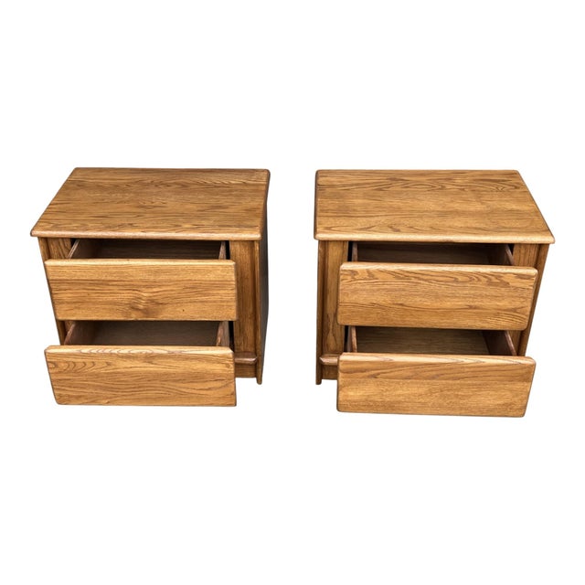 1980s Scandinavian Modern Solid Oak Two-Drawer Nightstands – Pair For Sale - Image 4 of 15
