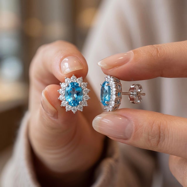 Contemporary Vintage Blue Topaz Halo Stud Earrings | Dainty Cluster Gemstone 925 Silver Studs | December Birthstone Studs - A Pair For Sale - Image 3 of 4