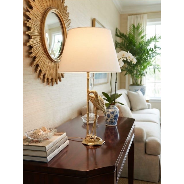 Vintage Hollywood Regency Brass Crane & Faux Bamboo Table Lamp For Sale - Image 12 of 12