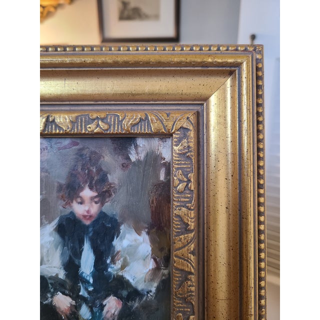 Greige Ramon Kelley Oil Painting Portrait of a Young Girl in a Victorian Dress For Sale - Image 8 of 11