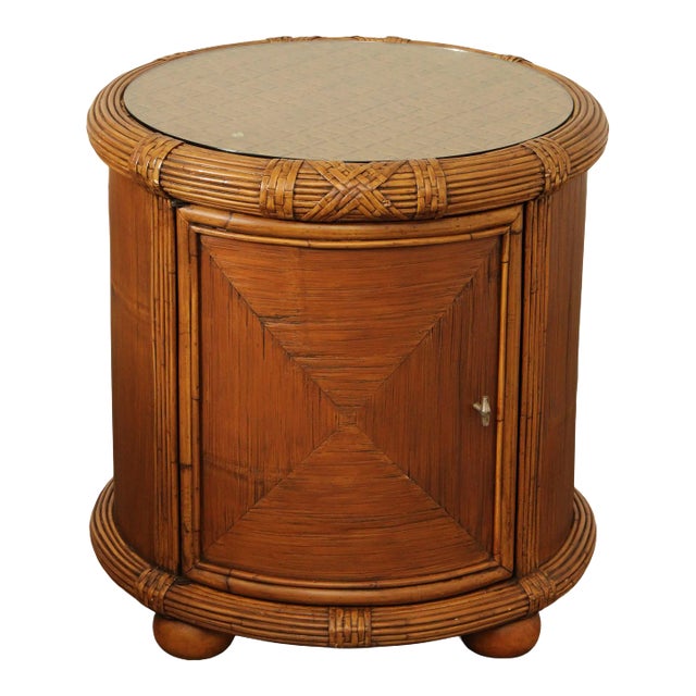 Bamboo and Rattan Circular Glass Top Drum Style Side Table For Sale