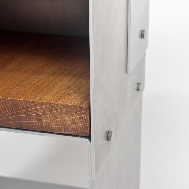 Night Stand - Side Table made from Hand Sanded Aluminum and Natural Oak Wood. Industrial Look. Matted & waxed 3mm Aluminum...