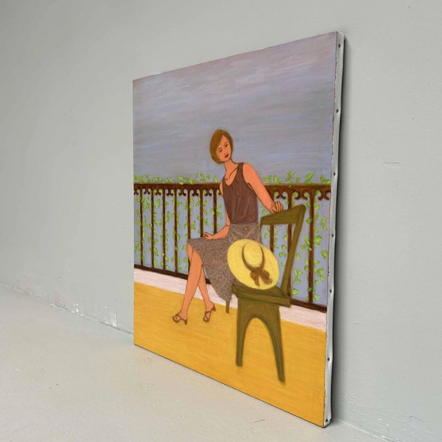 Colorful oil painting by the Japanese artist Makoto Igarashi, titled: 'On the Terrace' (テラスにて). Dimensions: 73 cm x 60.5...