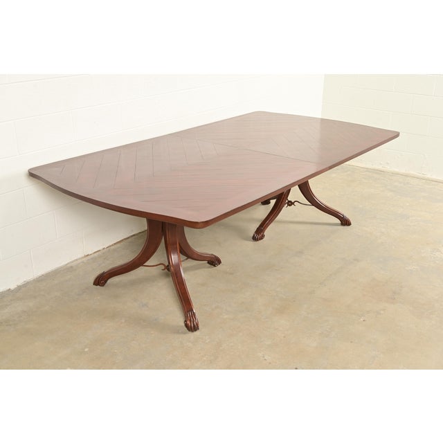 Baker Furniture Company Italian Provincial Carved Cherry Wood and Inlaid Brass Double Pedestal Extension Dining Table by Emanuel Morez For Sale - Image 4 of 13