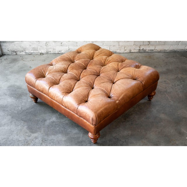 Brown Vintage Thomasville Tufted Distressed Leather Chesterfield Cocktail Ottoman For Sale - Image 8 of 14