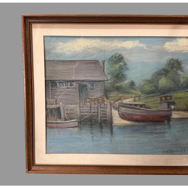 Vintage Cottage Dockside Landscape Framed Pastel Watercolor Painting w Boat In very good original condition showing some...