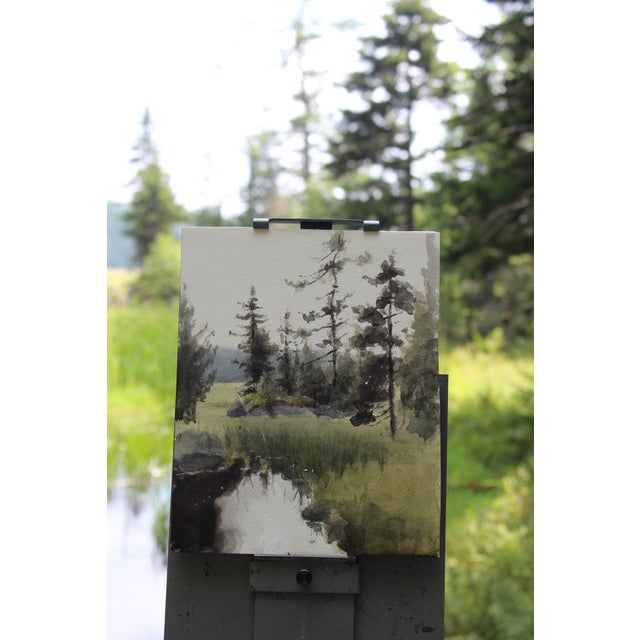 Meeting Place by Mo Myra | Watercolor on Paper Landscape with Trees and Water Reflection For Sale - Image 4 of 4