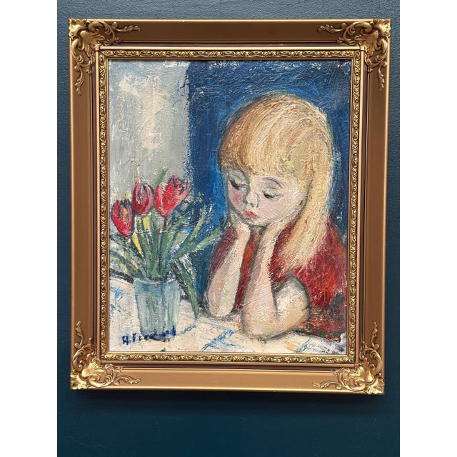 Mid-Century Modern Alf Forslund, Girl in Thought, 1960s, Oil on Canvas, Framed For Sale - Image 3 of 14
