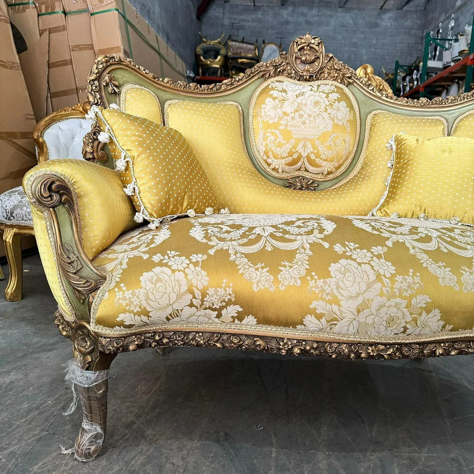 French Rococo Style Golden Sofa With Gold Details | Chairish