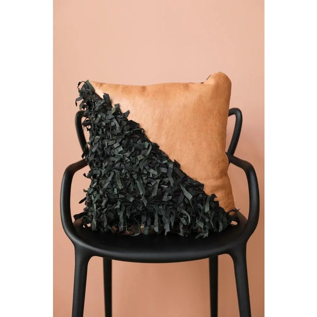 Contemporary Handmade Geometric Shag Leather Decorative Pillow - Desert Sand & Black 18 X 18" Inches For Sale - Image 3 of 12