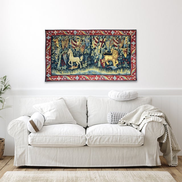 A striking vintage French Jacquard woven wall tapestry titled "Les Chevaliers de la Table Ronde" (The Knights of the Round...