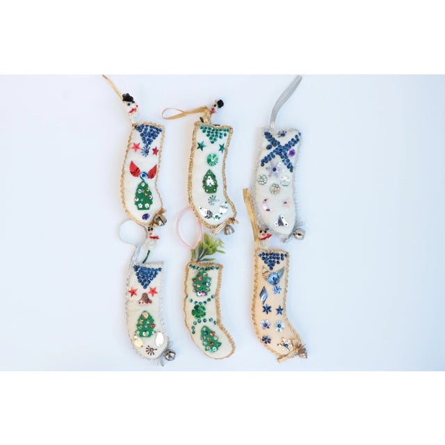 Mid-Century Felt Christmas Stocking Ornaments - Set of 6 For Sale In Madison - Image 6 of 6