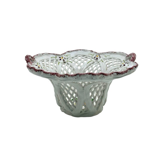 Hand made and painted white and pink reticulated ceramic basket. This is signed and made in Portugal. Reticulated basket...