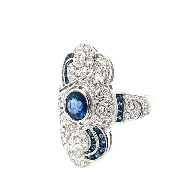 Blue Gorgeous 18k White Gold Ring With 1.15 Carat Natural Blue Sapphire & Diamonds, Size 6.75 For Sale - Image 8 of 11