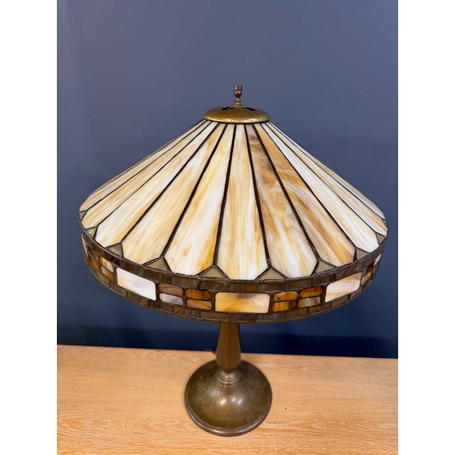 Antique Duffner & Kimberly Leaded Glass Table Lamp, Geometric Banded Shade For Sale - Image 10 of 11