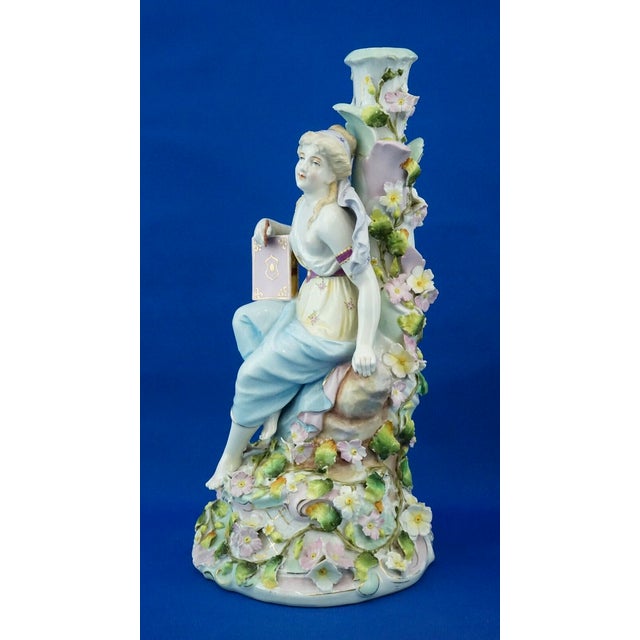 Vintage Porcelain Candelabra with Book and Flowers by Plaue, 1920s For Sale - Image 3 of 18