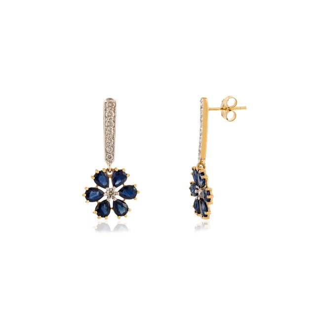 Art Nouveau 3.77 Ct Natural Blue Sapphire & Diamond Floral Drop Earrings in 18k Yellow Gold- A Pair For Sale - Image 3 of 11