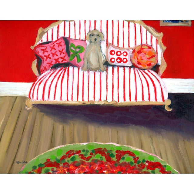 Red Hockney Inspired Pup on Red Striped Sofa Interior Room Portrait Oil Painting by Alexandra Swistak For Sale - Image 8 of 8