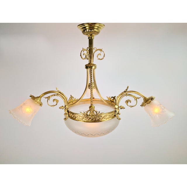 Antique Art Deco Glass and Bronze Chandelier, France, 1930s For Sale - Image 4 of 14