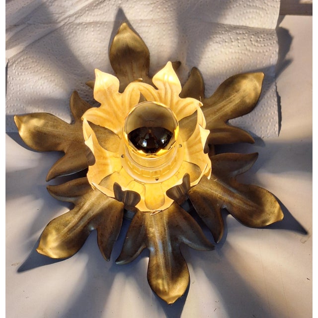 1980s Flat Florentine Ceiling Lamp with Gold-Bronze Metal Frame, 1980s For Sale - Image 5 of 8