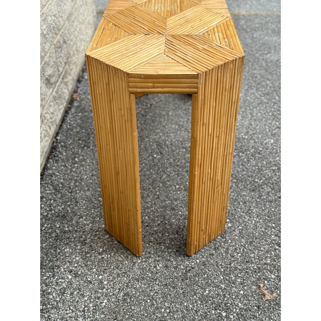 Brown Vintage Palm Beach Pencil Reed Console With Geometric Inlaid Top in Style of McGuire For Sale - Image 8 of 12