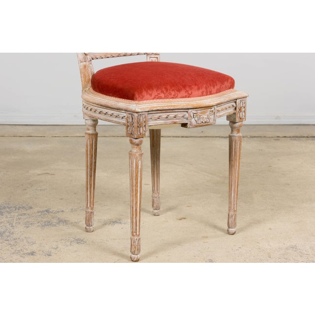 Red Antique French Louis XVI Style Painted Side Chairs W/ Red Velvet Damask – A Pair For Sale - Image 8 of 18