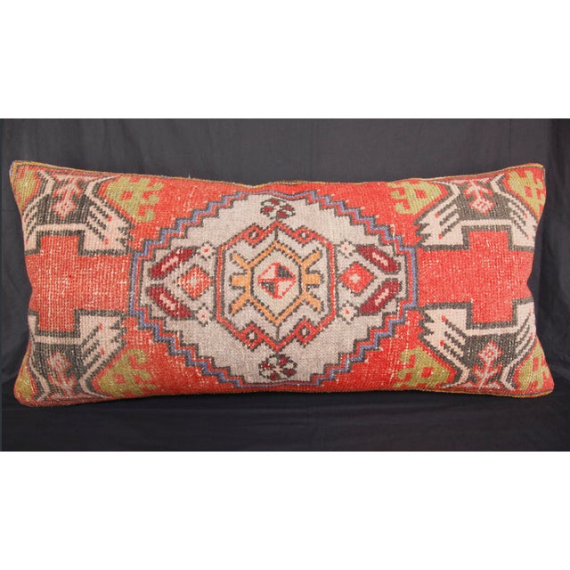 Mid 20th Century Handmade Authentic Turkish Throw Rug Pillw With Red&Green Color -17'' X 36'' For Sale - Image 5 of 15
