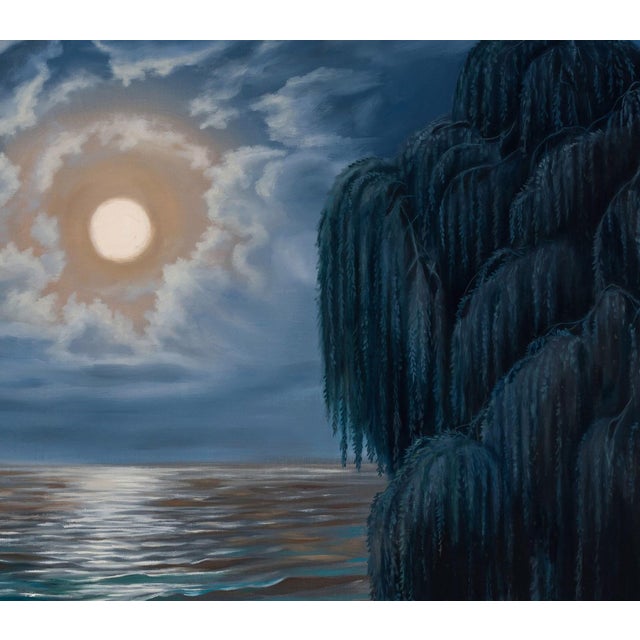 Hecate's Moon by Robin Hextrum | Oil on linen Night landscape with a full moon over water and trees. For Sale - Image 4 of 5
