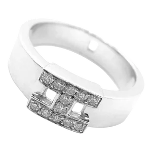 Hermes 18k White Gold Diamond H Band Ring, size 5.75