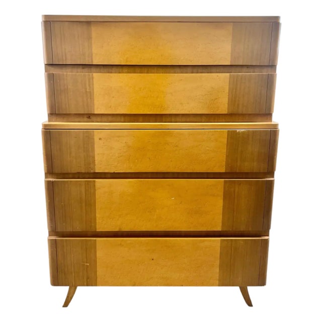 Mid-Century Modern R-Way Birdseye Maple Highboy Chest of 5 Drawers For Sale