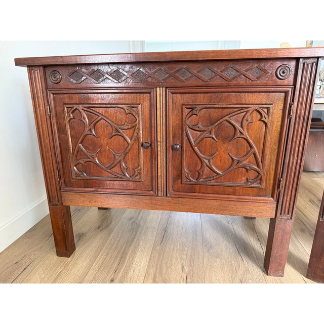 Gothic Revival Hand-Carved Walnut Cabinets/Side Tables - Pair For Sale - Image 4 of 12