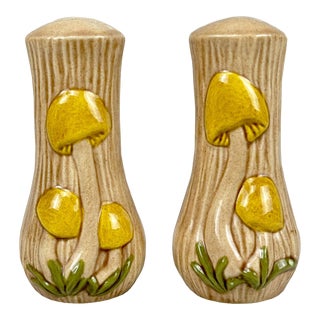 Mid-Century Whimsical Mushroom Porcelain Salt & Pepper Shakers - a Pair For Sale