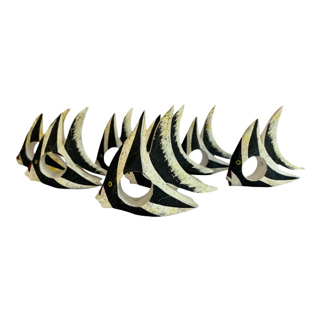 Late 20th Century Black & White Butterflyfish Napkin Rings - Set of 7 For Sale