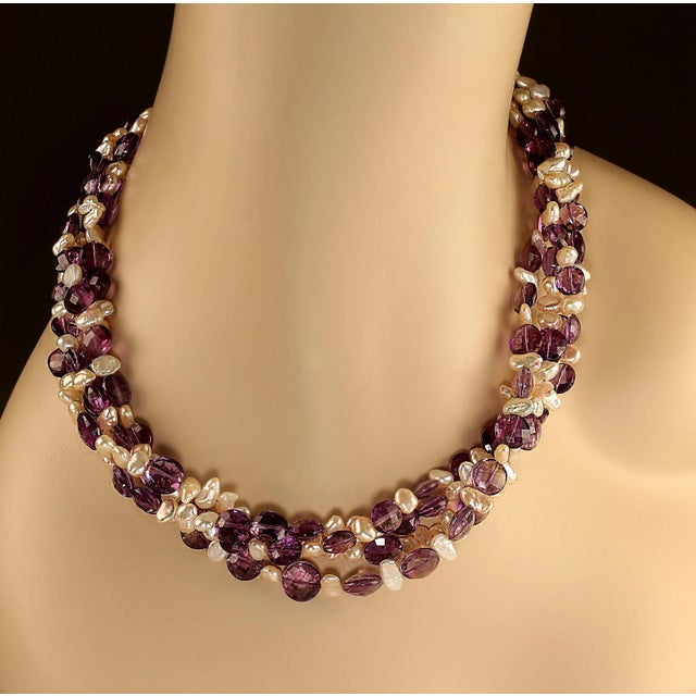 This is part of Chairish’s Fine Jewelry assortment. Elegant 19-Inch Four-Strand Amethyst and Freshwater Pearl Necklace – A...