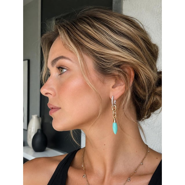 1990s Pair of Italian 18k Gold Diamond & Turquoise Link Drop Earrings For Sale - Image 10 of 10