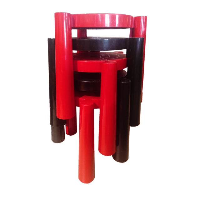 Stools in Red and Black from Kartell, Set of 5, in Very Good conditions. Designed 1960 to 1969 This piece has an...