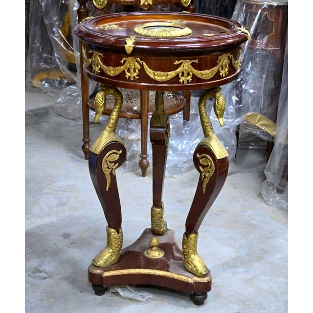 Traditional French Empire Round Side Table With Hand-Carved Gold Leaf Accents & Classical Bronze Mounts For Sale - Image 3 of 3