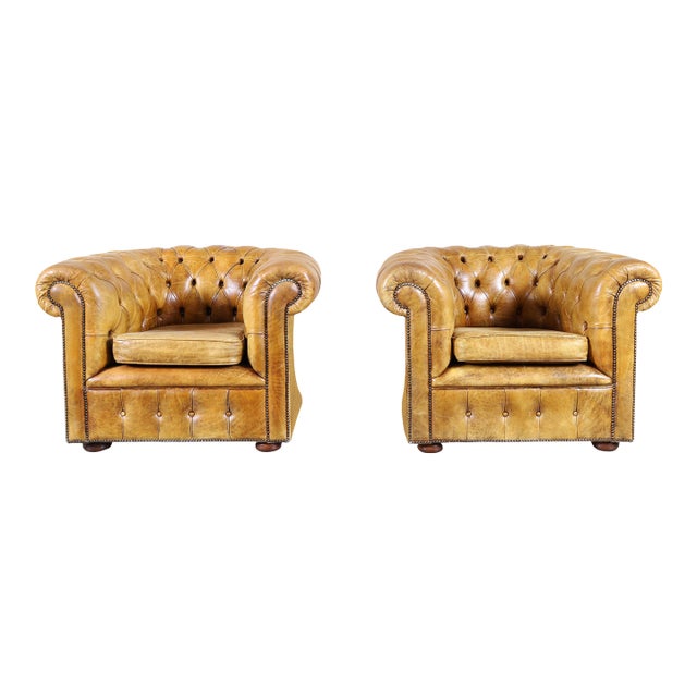 Vintage English Leather Chesterfield Club Chairs For Sale