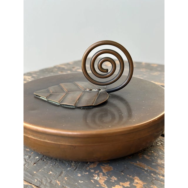 1940s Vintage Modernist Sculptural Hand Wrought Copper Vessel With Spiral + Leaf Detail by Frank Rebajes, Circa 1940s-50s For Sale - Image 5 of 12