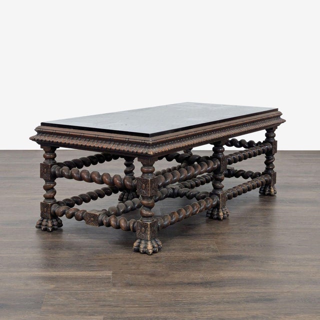 Traditional Vintage Glass Top Carved Coffee Table For Sale - Image 3 of 7