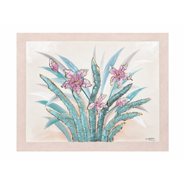A lush, oversized floral painting with sculptural texture and a luminous pastel palette. Pink and lavender orchid-like...