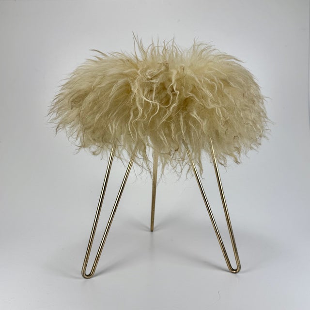 Metal Mid-Century Modern Brass Tripod Hairpin Legged Lambswool Fur Stool, 1970s For Sale - Image 7 of 7