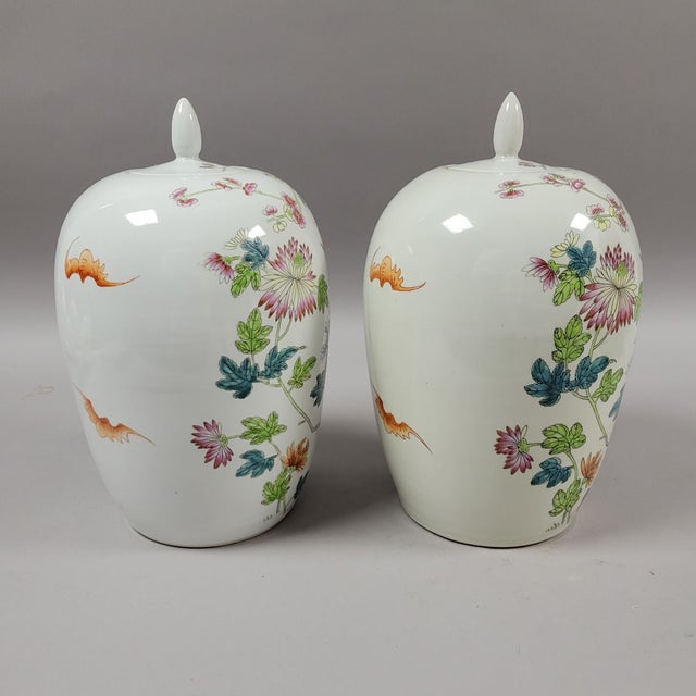 Ceramic Pair of 20th C Famille Rose Ginger Jars With Birds and Flowers For Sale - Image 7 of 10