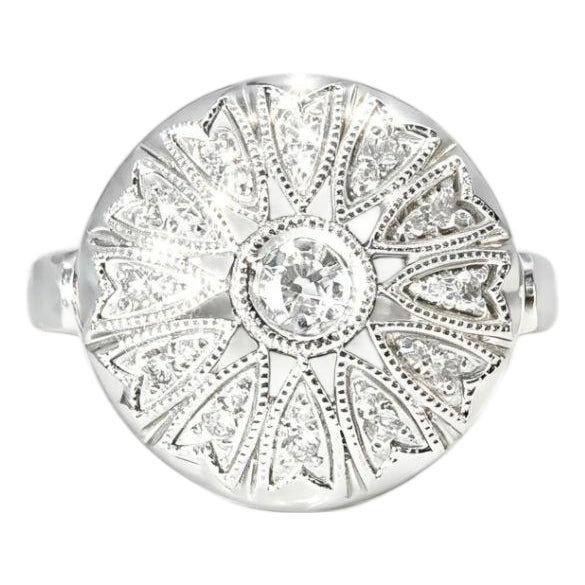 Mid 20th Century 14k White Gold Antique Estate Round Diamond Cocktail Ring, Size 6.25 For Sale