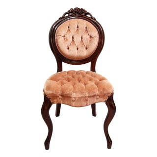 Vintage Carved Floral Walnut Side Chair With Tufted Velvet Upholstery For Sale